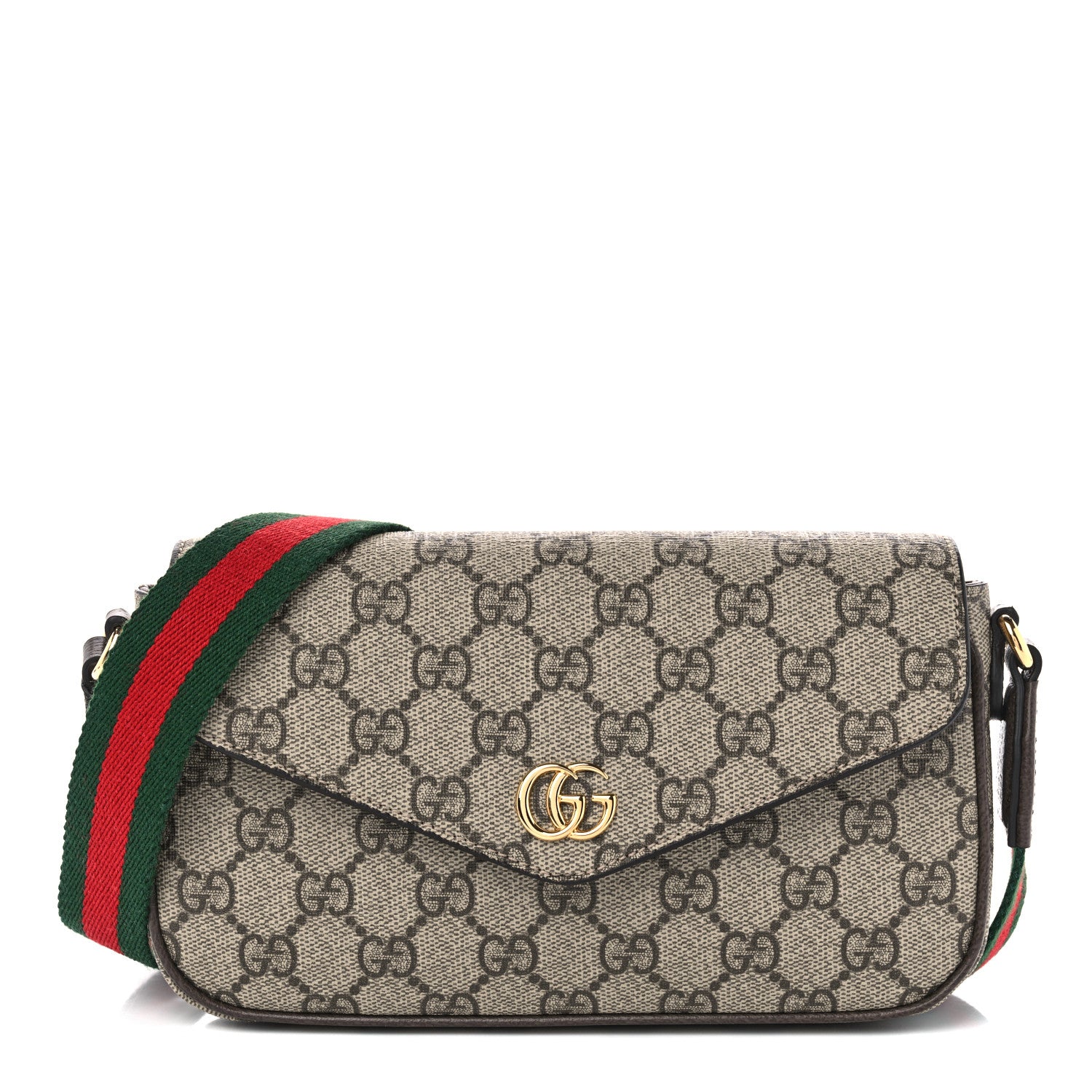 Gucci GG Supreme Monogram Textured Dollar Calfskin Web Mini Ophidia Envelope Shoulder Bag Beige Ebony 1 of 10