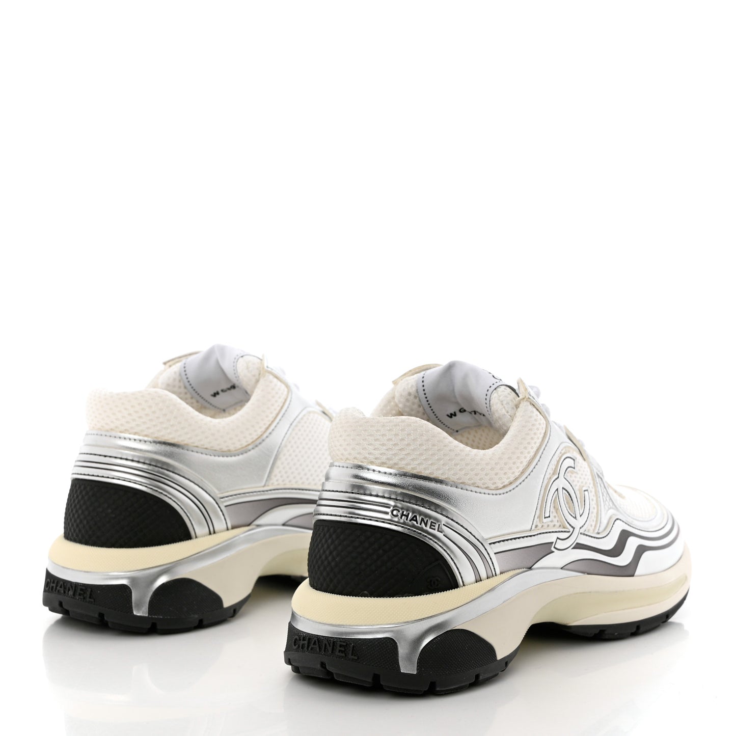Fabric Laminated Calfskin Stretch CC Sneakers 38.5 White Silver