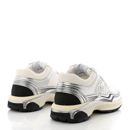 Chanel Fabric Laminated Calfskin Stretch CC Sneakers 38.5 White Silver 4 of 9