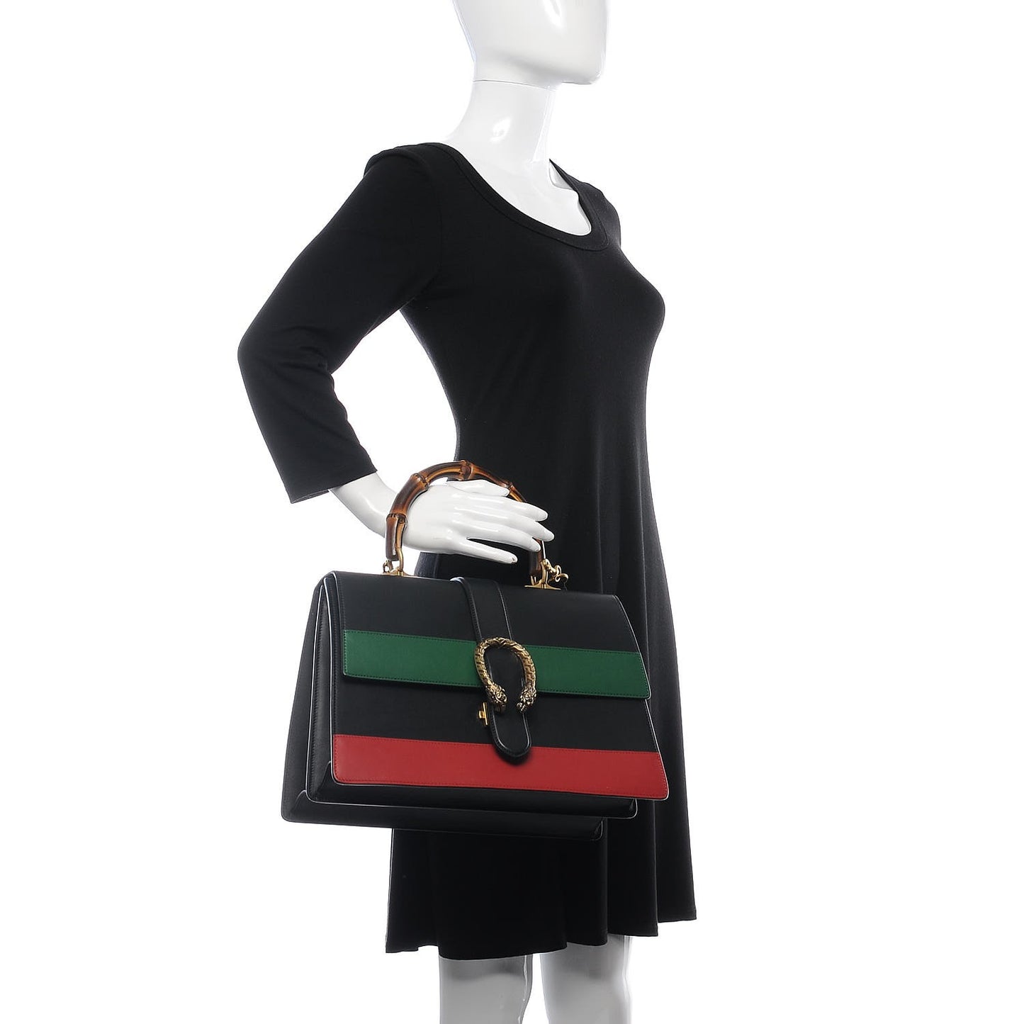 Calfskin Bamboo Web Large Dionysus Top Handle Bag Black Bright Evergreen Hibiscus Red