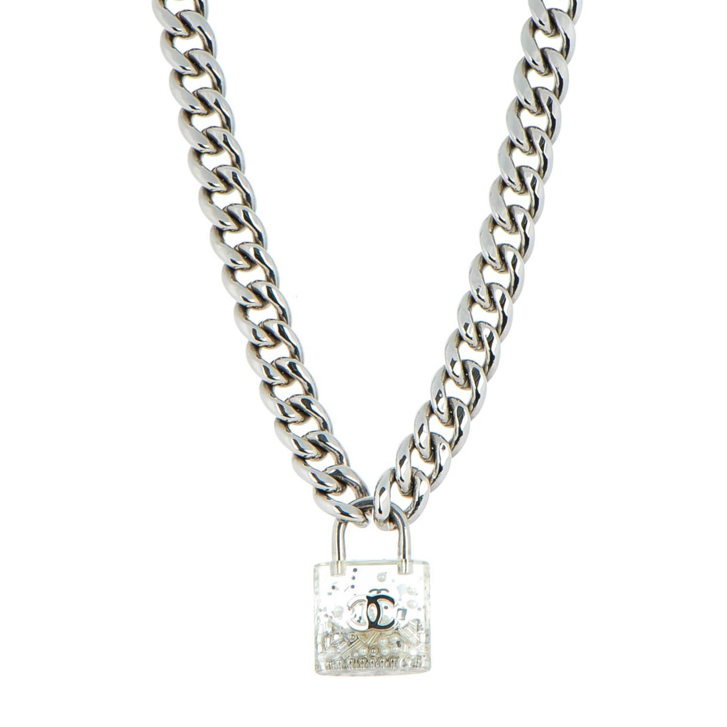 Pearl CC Padlock Necklace Silver