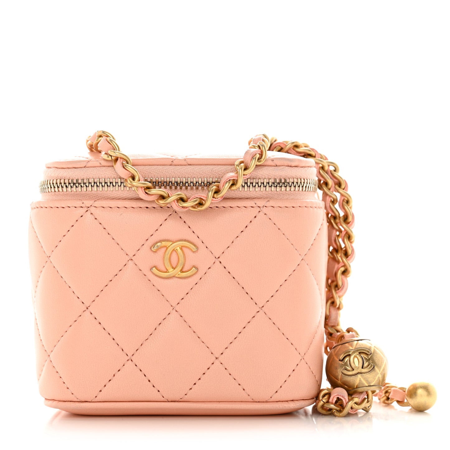 Lambskin Quilted Pearl Crush Mini Vanity Case With Chain Light Beige