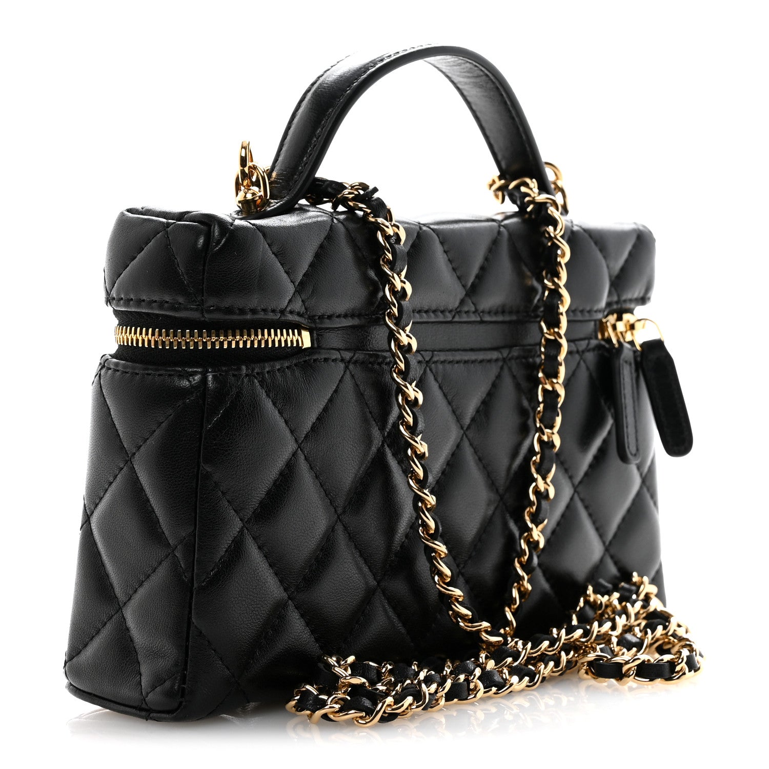 VANITY BAG／black Chanel Lambskin Quilted Crystal Ridged CC Top Handle Slim Vanity