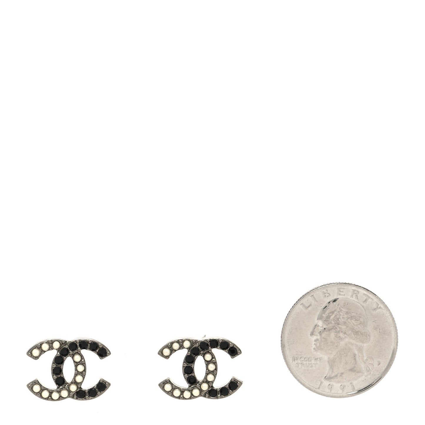 Crystal Pearl CC Stud Earrings Black Silver
