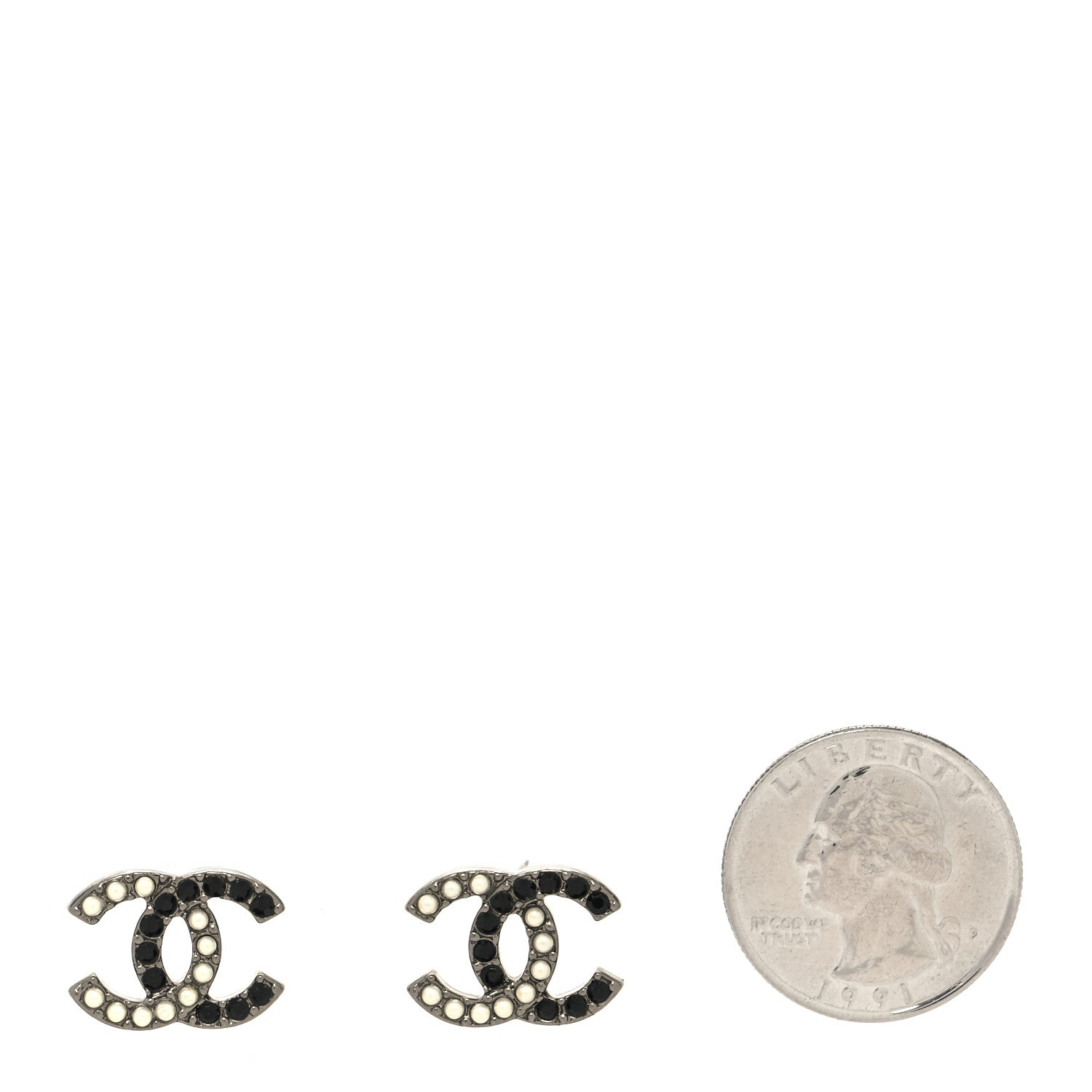 Chanel Crystal Pearl CC Stud Earrings Black Silver 2 of 4