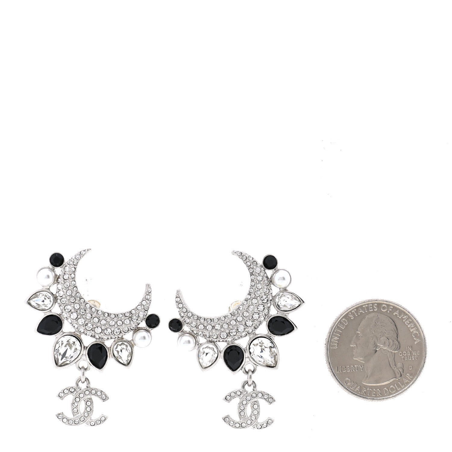 Chanel Pearl Crystal CC Crescent Moon Earrings Silver 2 of 5