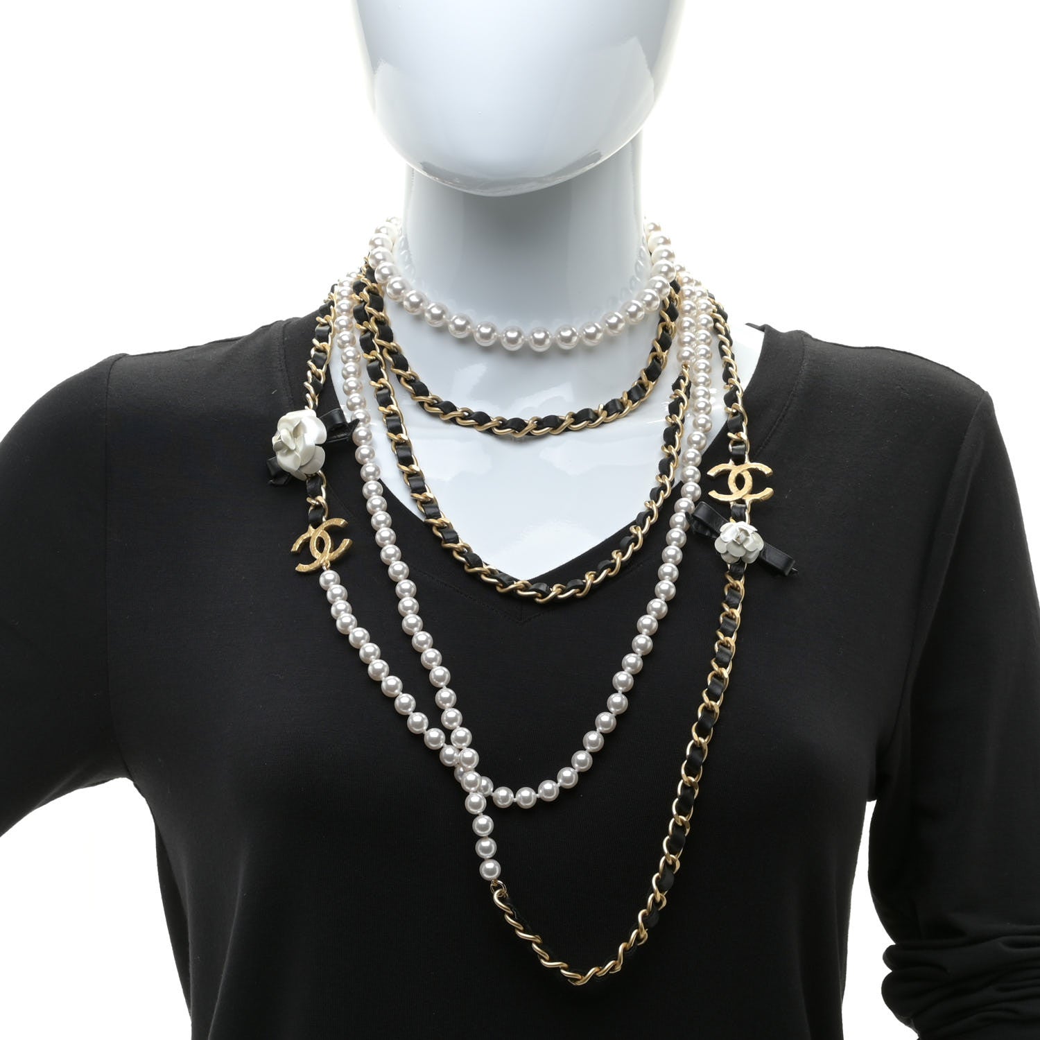 Chanel Pearl Lambskin Chain 90's Camellia CC Multi Strand Necklace Gold Black 2 of 6