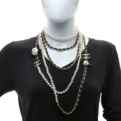 Chanel Pearl Lambskin Chain 90's Camellia CC Multi Strand Necklace Gold Black 2 of 6