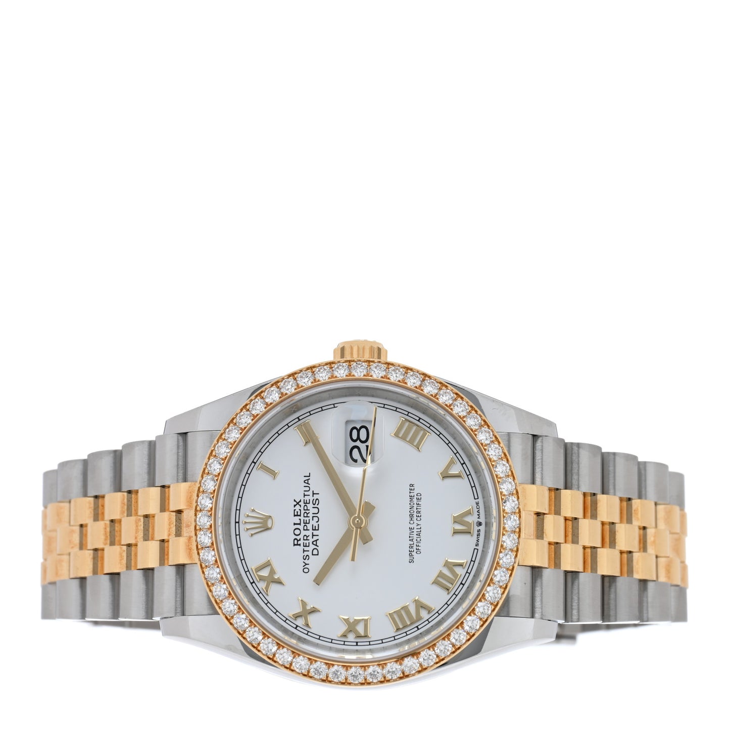 Stainless Steel 18K Yellow Gold Diamond Bezel 36mm Oyster Perpetual Datejust Watch White Roman 126283RBR