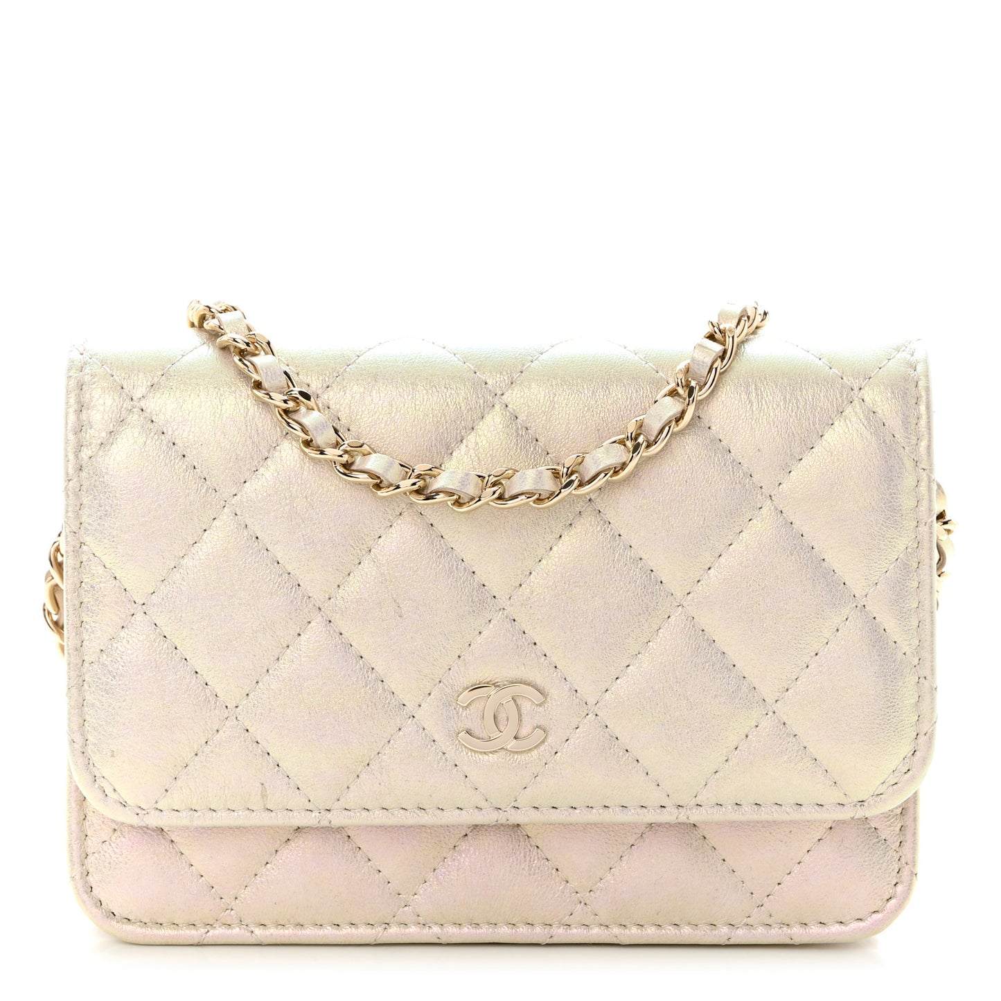 Iridescent Lambskin Quilted Mini Wallet On Chain WOC Ivory