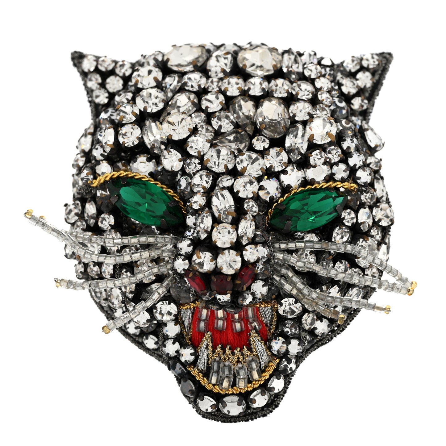Metal Crystal Bead Feline Head Brooch