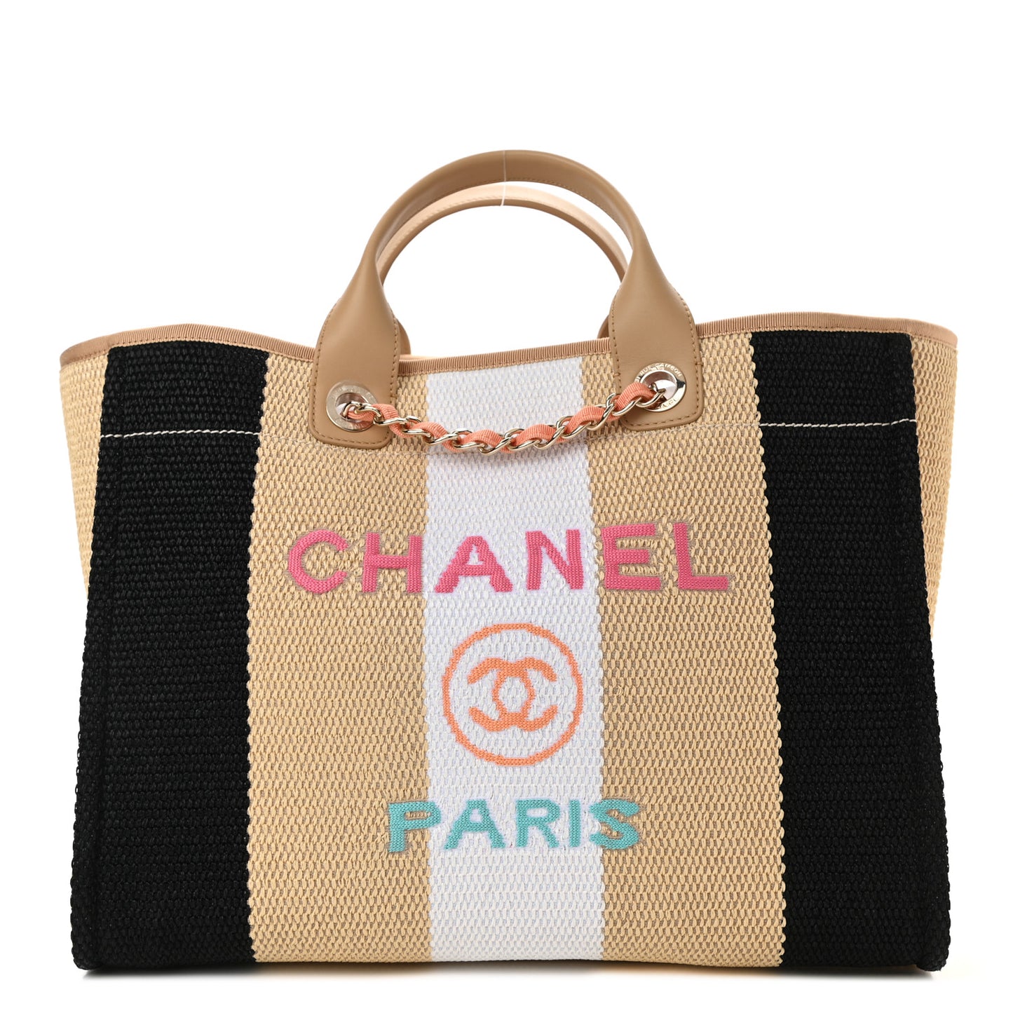 Straw Raffia Calfskin Striped Medium Deauville Tote Black Beige Ivory