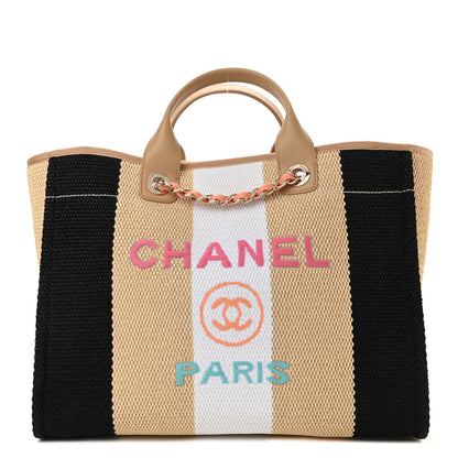 Chanel Straw Raffia Calfskin Striped Medium Deauville Tote Black Beige Ivory 1 of 10