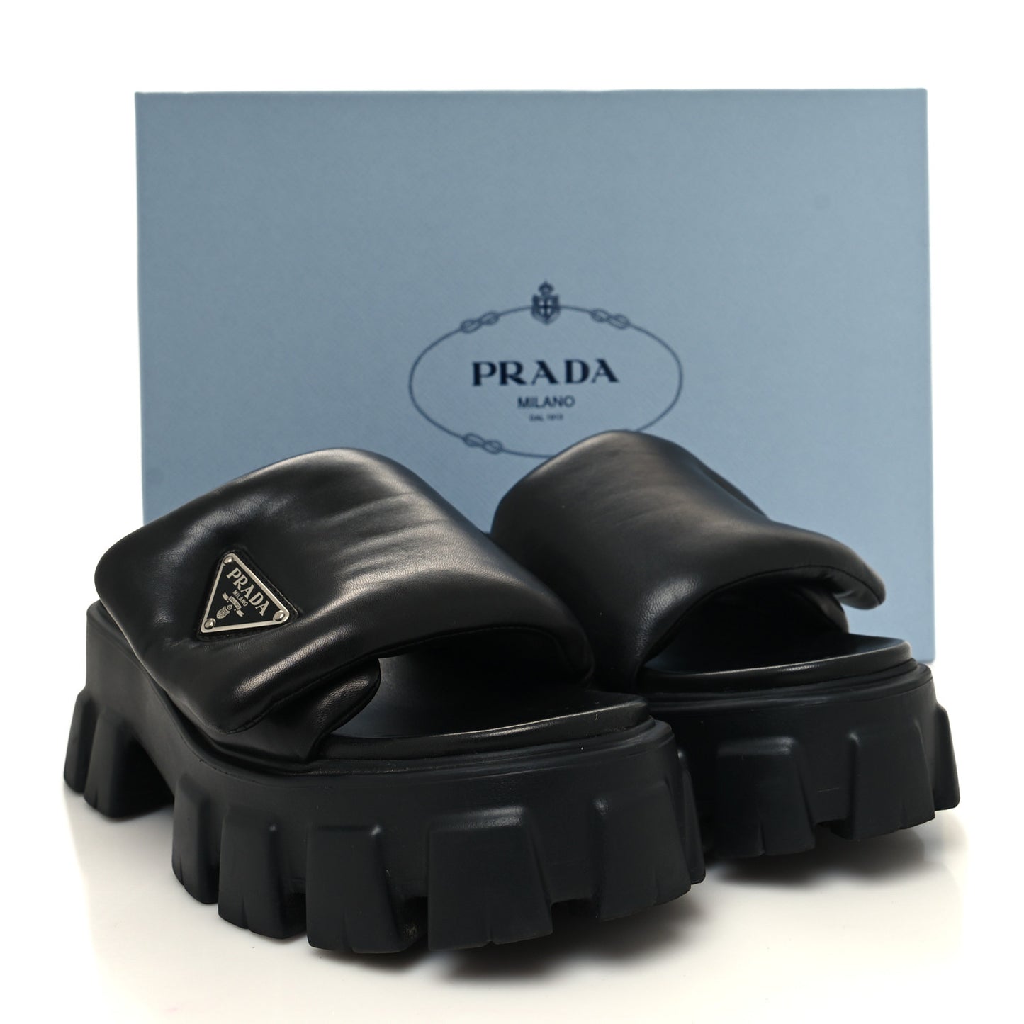 Nappa Soft Padded Metal Triangle Logo Monolith 55mm Slide Sandals 39 Black
