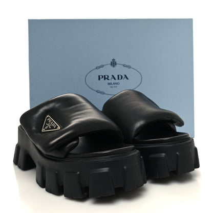 Prada Nappa Soft Padded Metal Triangle Logo Monolith 55mm Slide Sandals 39 Black 9 of 9