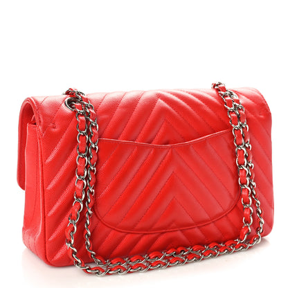 Chanel Caviar Chevron Quilted Medium Double Flap Red 2 of 10