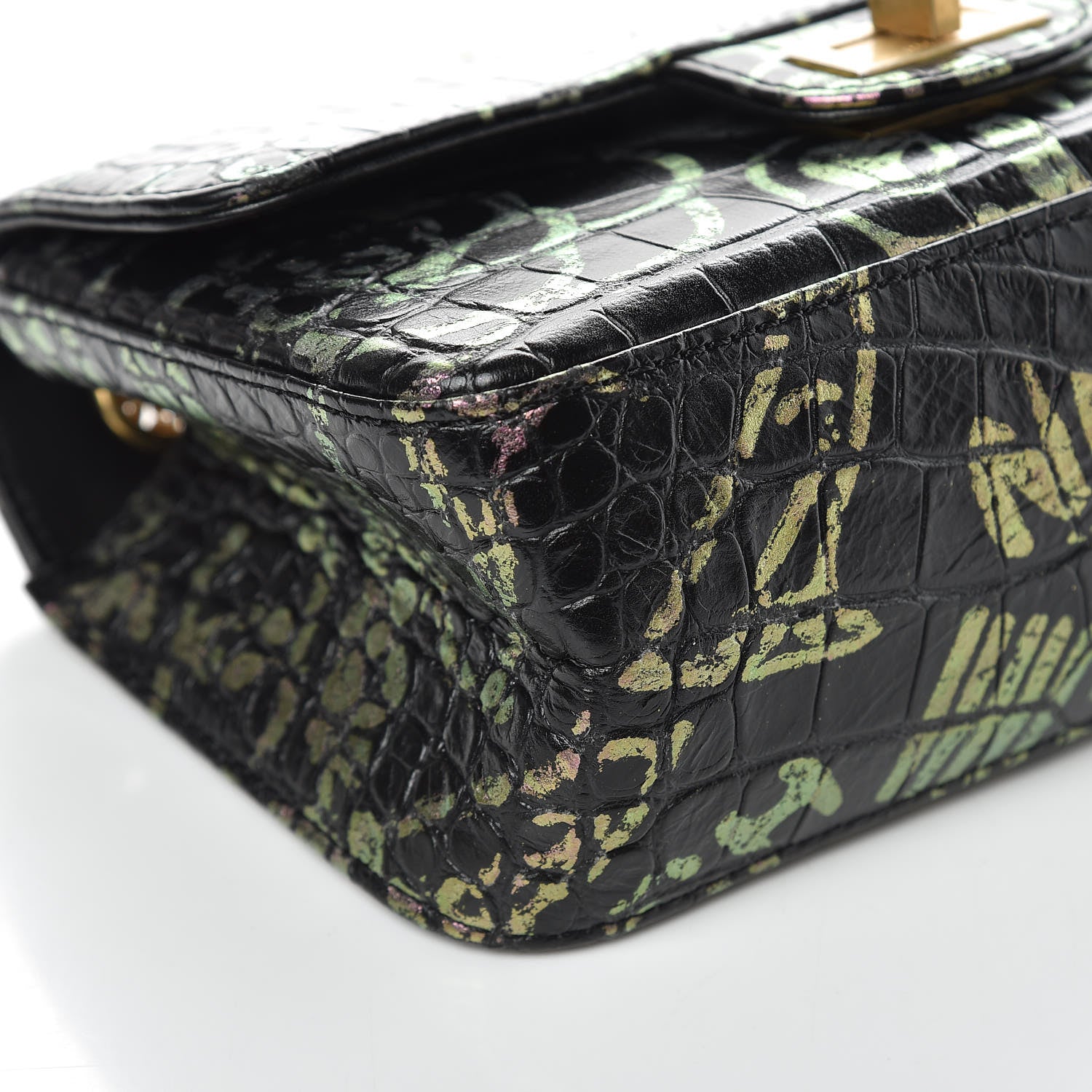 Chanel Calfskin Crocodile Embossed Graffiti 2.55 Mini Cocodile Reissue Flap Black Pink 9 of 11