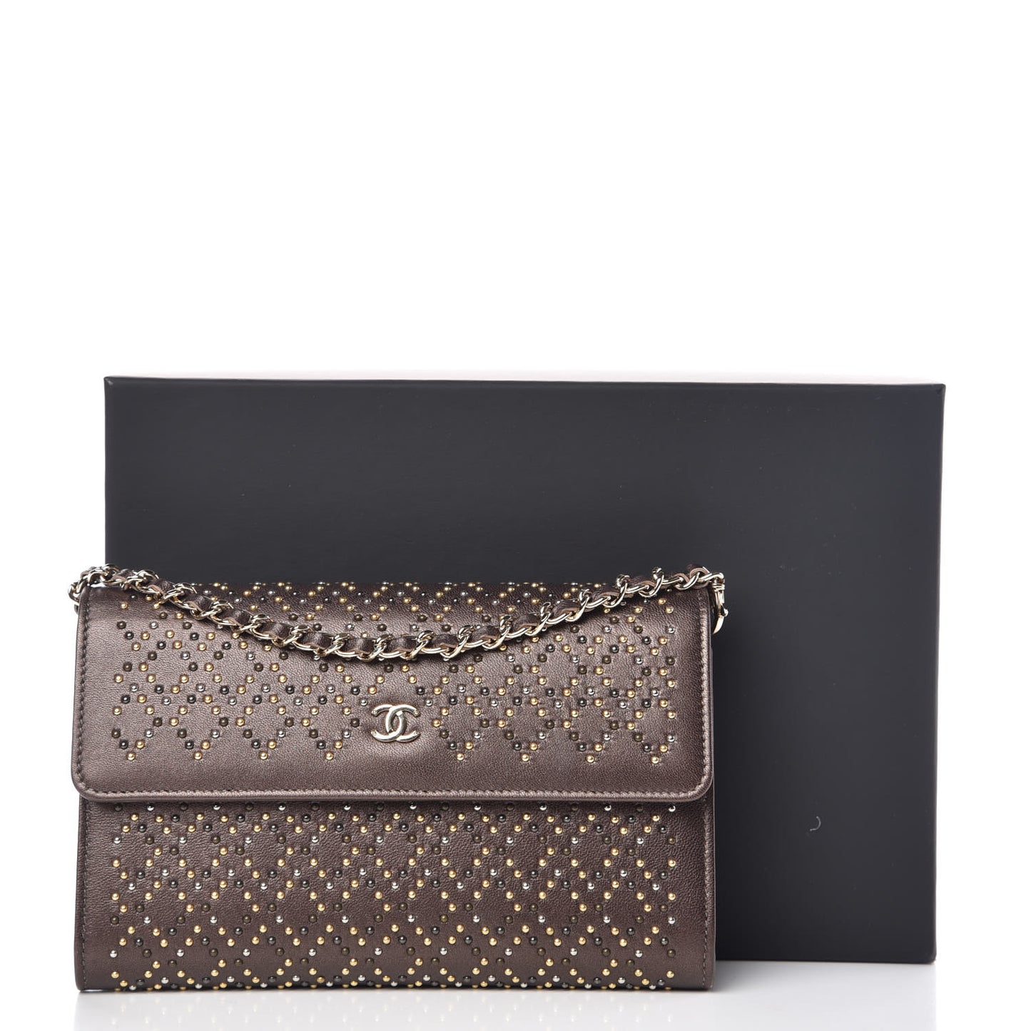 Lambskin Studded Wallet on Removable Chain Bronze
