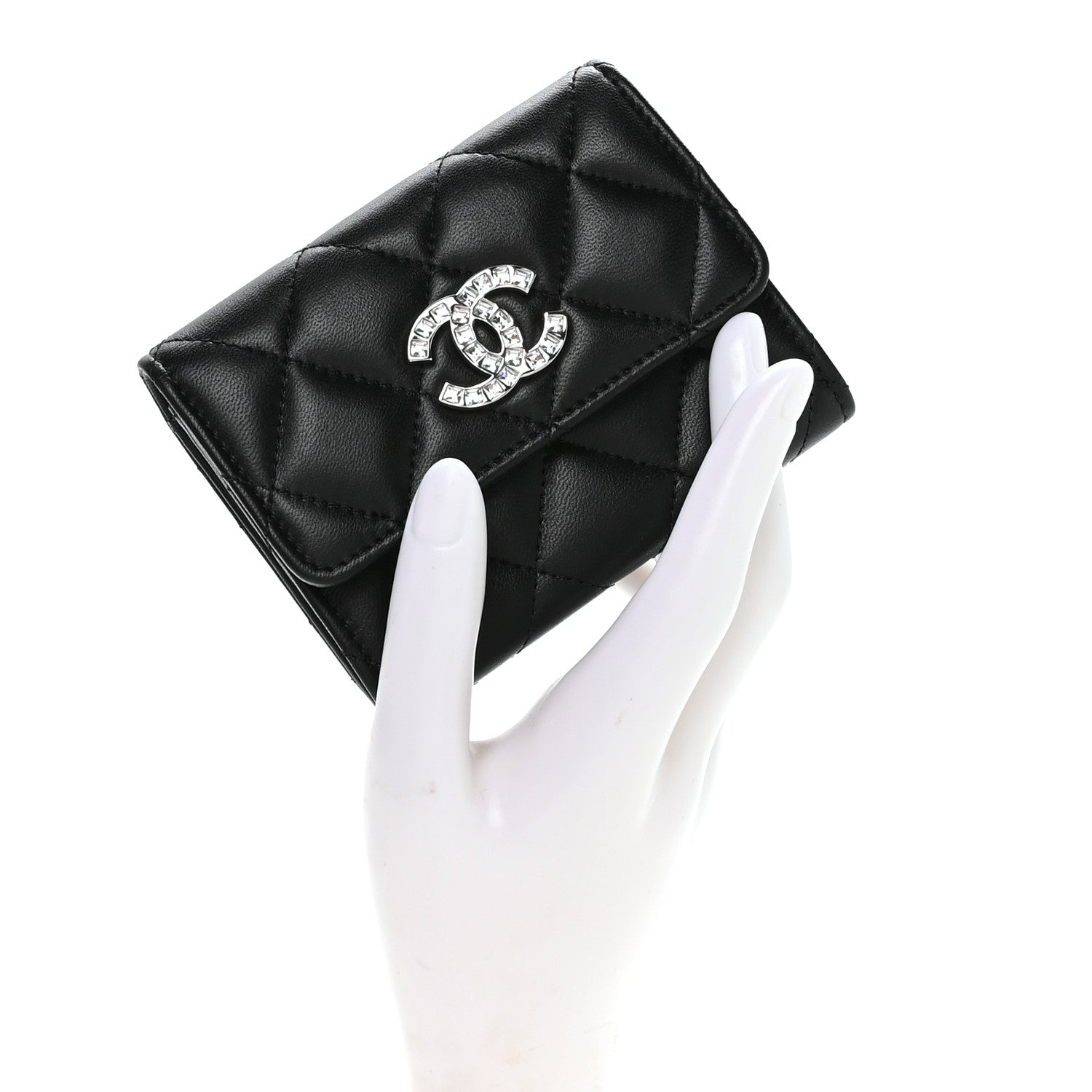 Chanel Lambskin Quilted Flap Baguette Crystal Card Holder Wallet Black 2 of 9