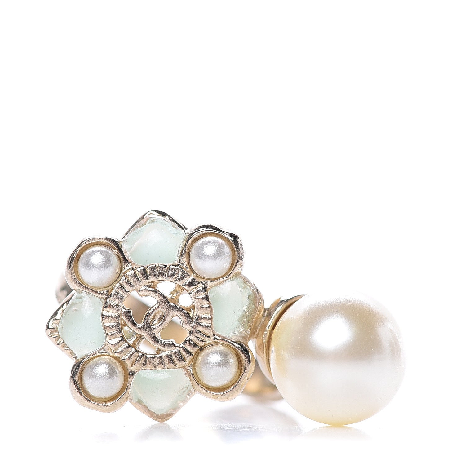Chanel Gripoix Pearl CC Ring 6.75 Gold Green 1 of 5