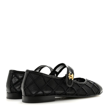 Chanel Lambskin Fabric Mesh Quilted Mary Jane Cap Toe Flats 37 Black 5 of 9
