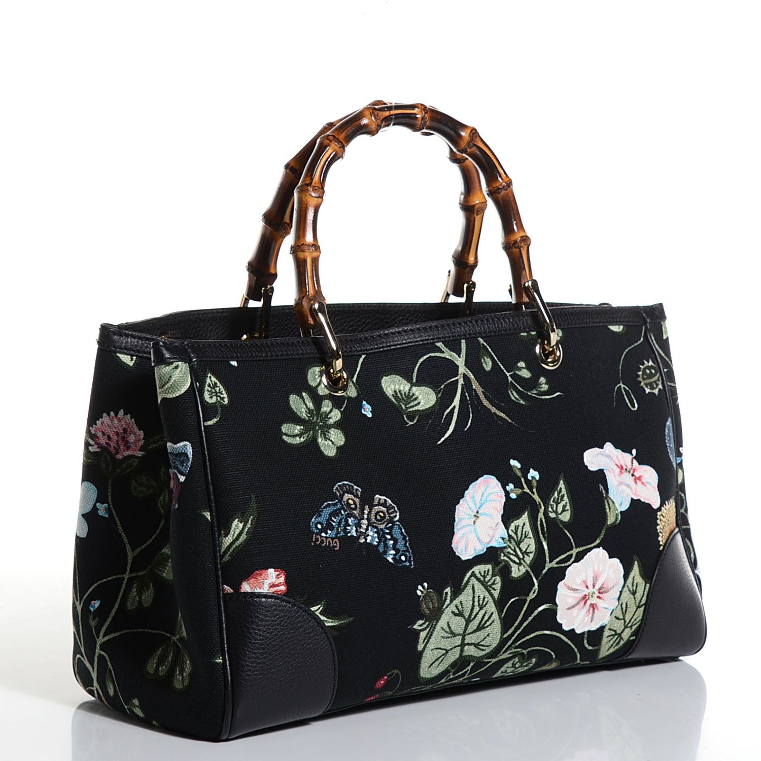 Gucci Canvas Cellarius Calfskin Flora Knight Medium Bamboo Shopper Tote Black 3 of 9