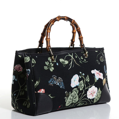 Gucci Canvas Cellarius Calfskin Flora Knight Medium Bamboo Shopper Tote Black 3 of 9