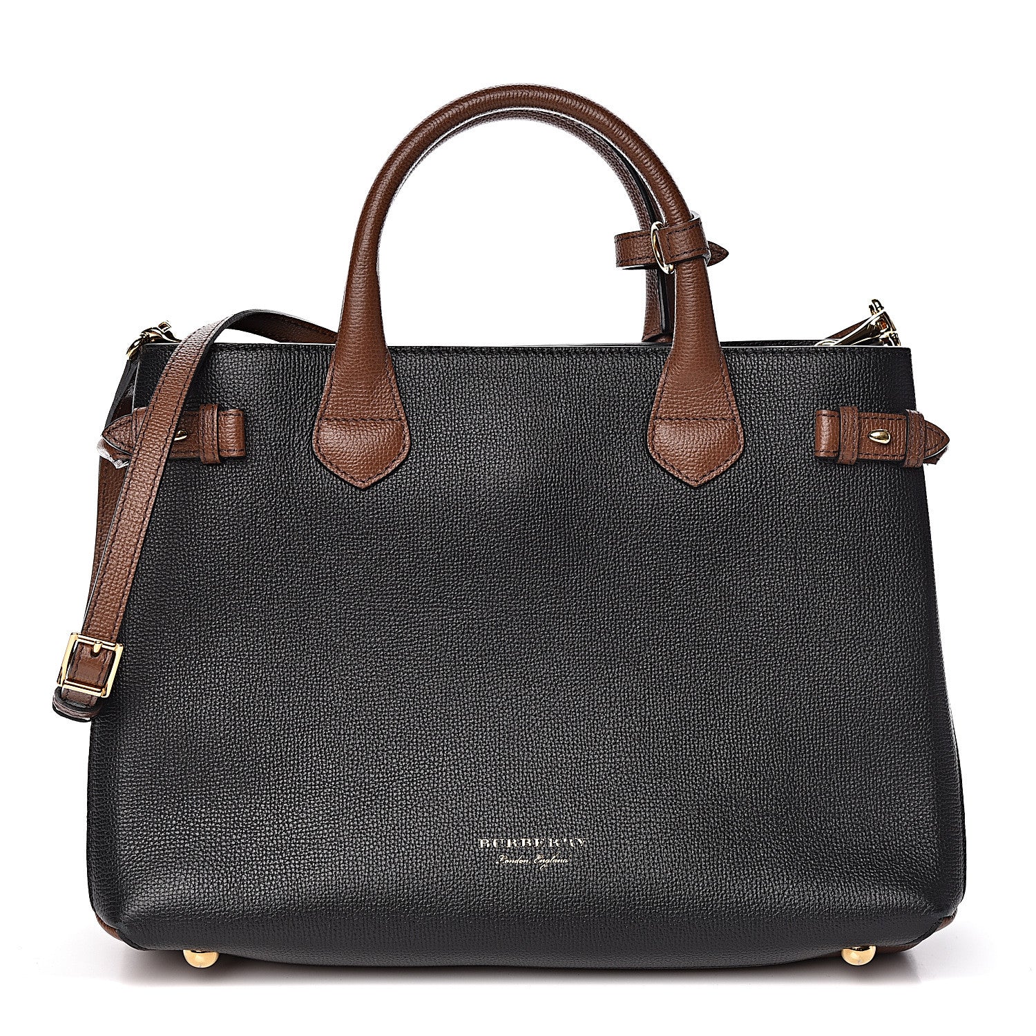 Burberry Grainy Calfskin House Check Two Tone Medium Banner Tote Black Brown 1 of 10