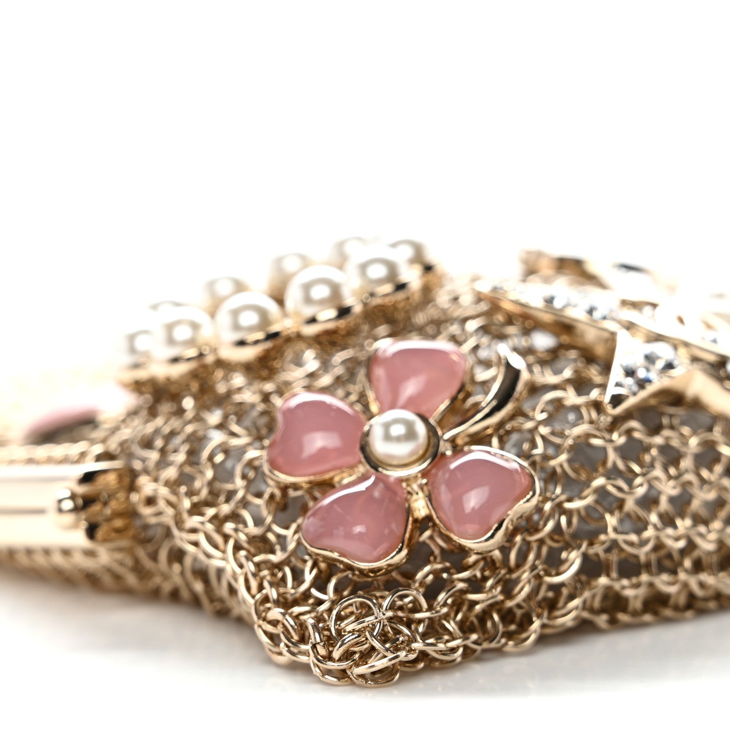 Chanel Metal Pearl Enamel Kiss Lock Chain Mail Charm Clutch Gold 9 of 11