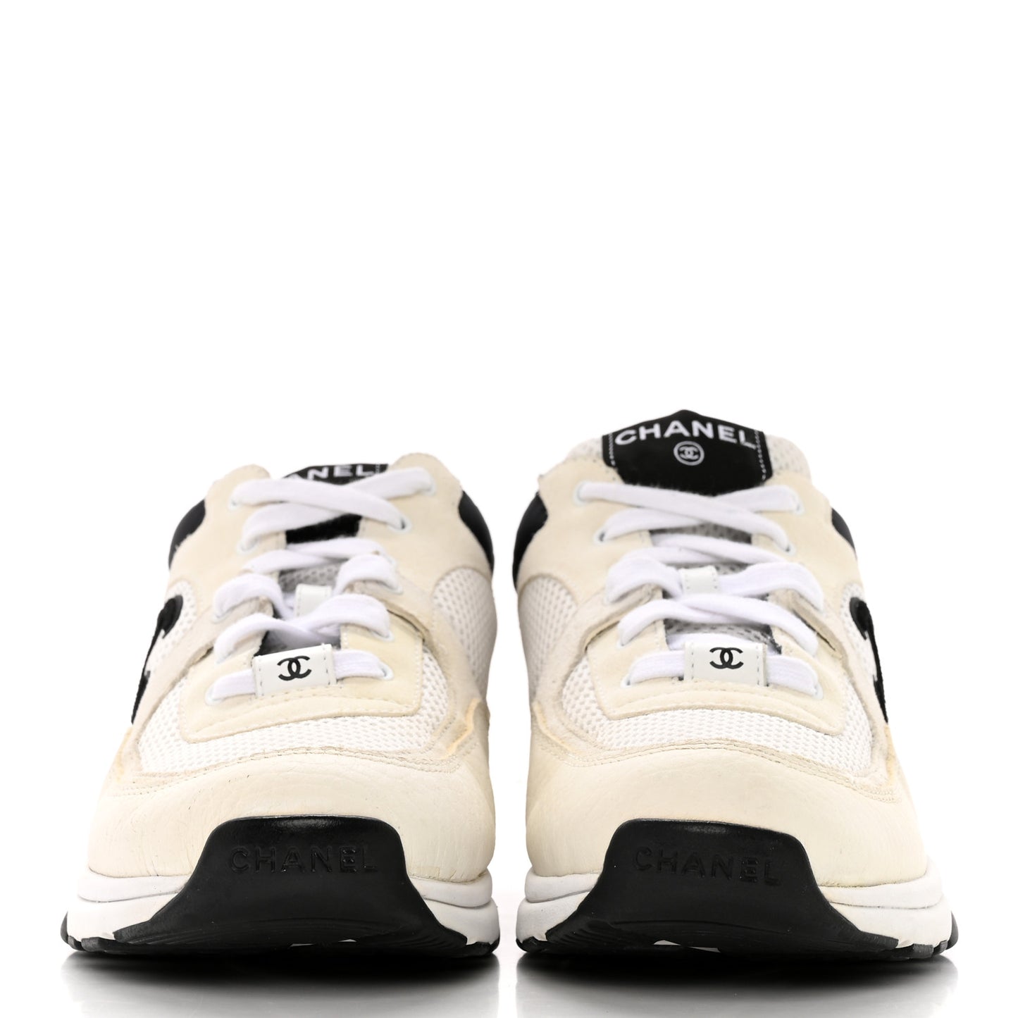 Mesh Suede Calfskin Grained Calfskin Womens CC Sneakers 39.5 White Black
