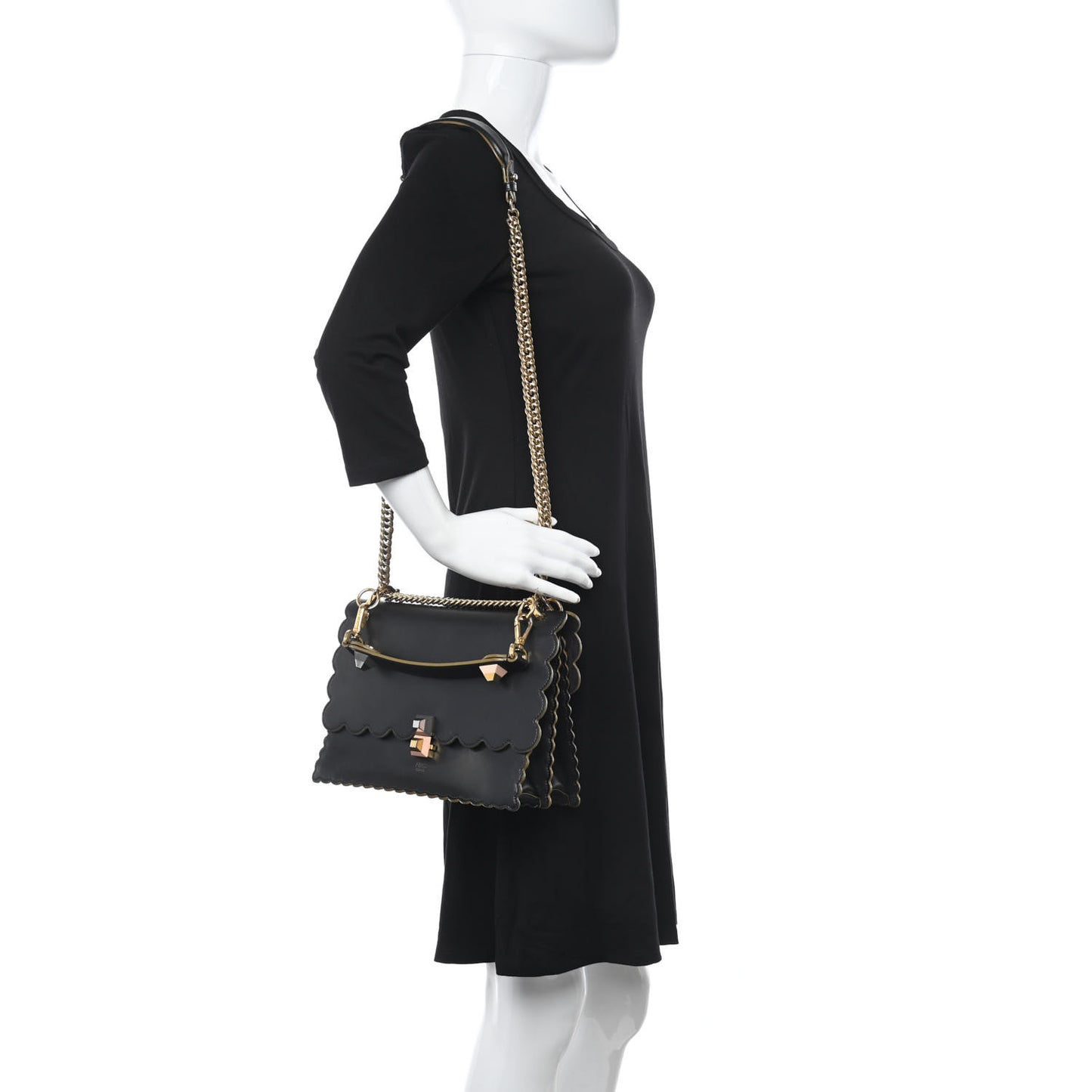 Vitello Liberty Scalloped Studded Kan I Shoulder Bag Black