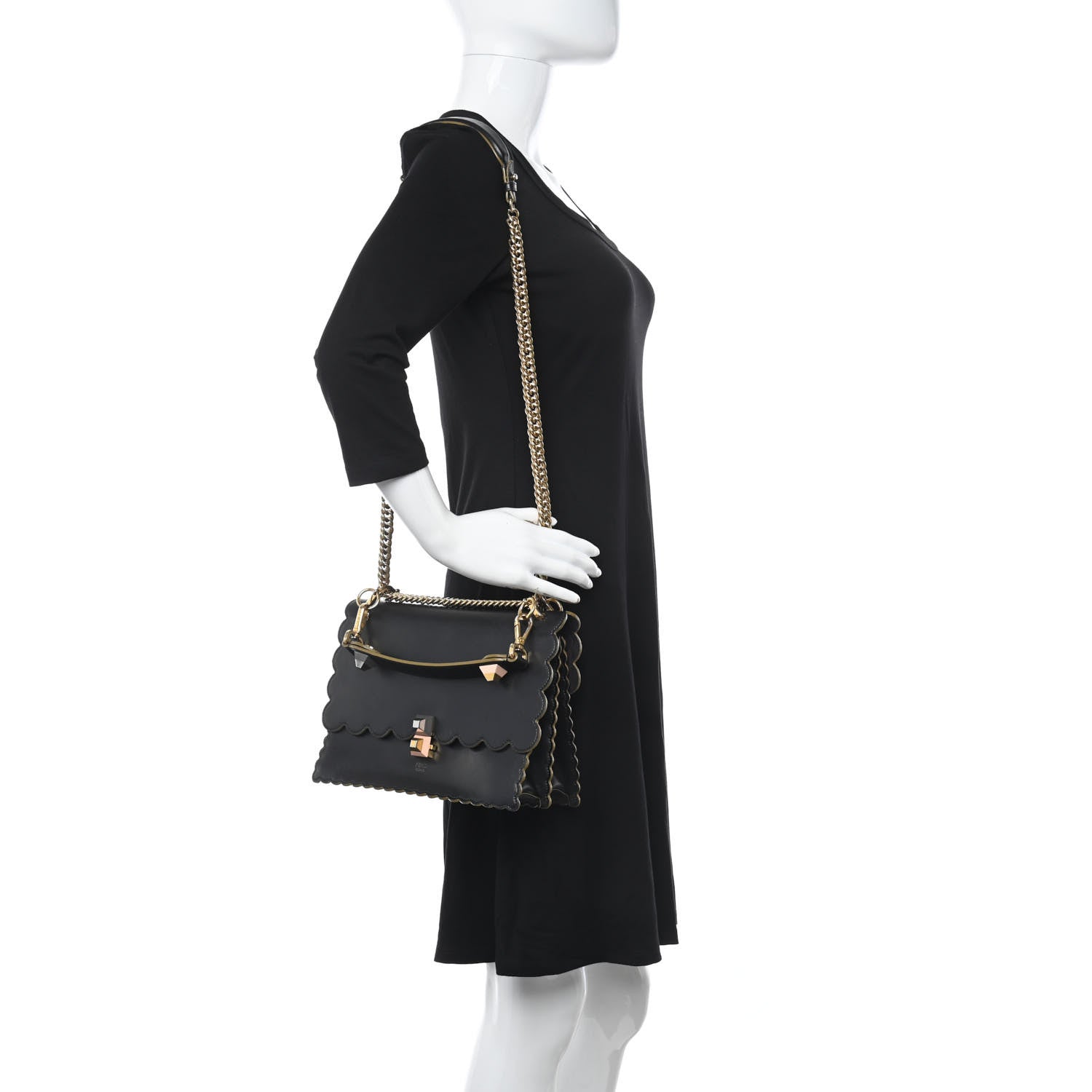 Fendi Vitello Liberty Scalloped Studded Kan I Shoulder Bag Black 3 of 16