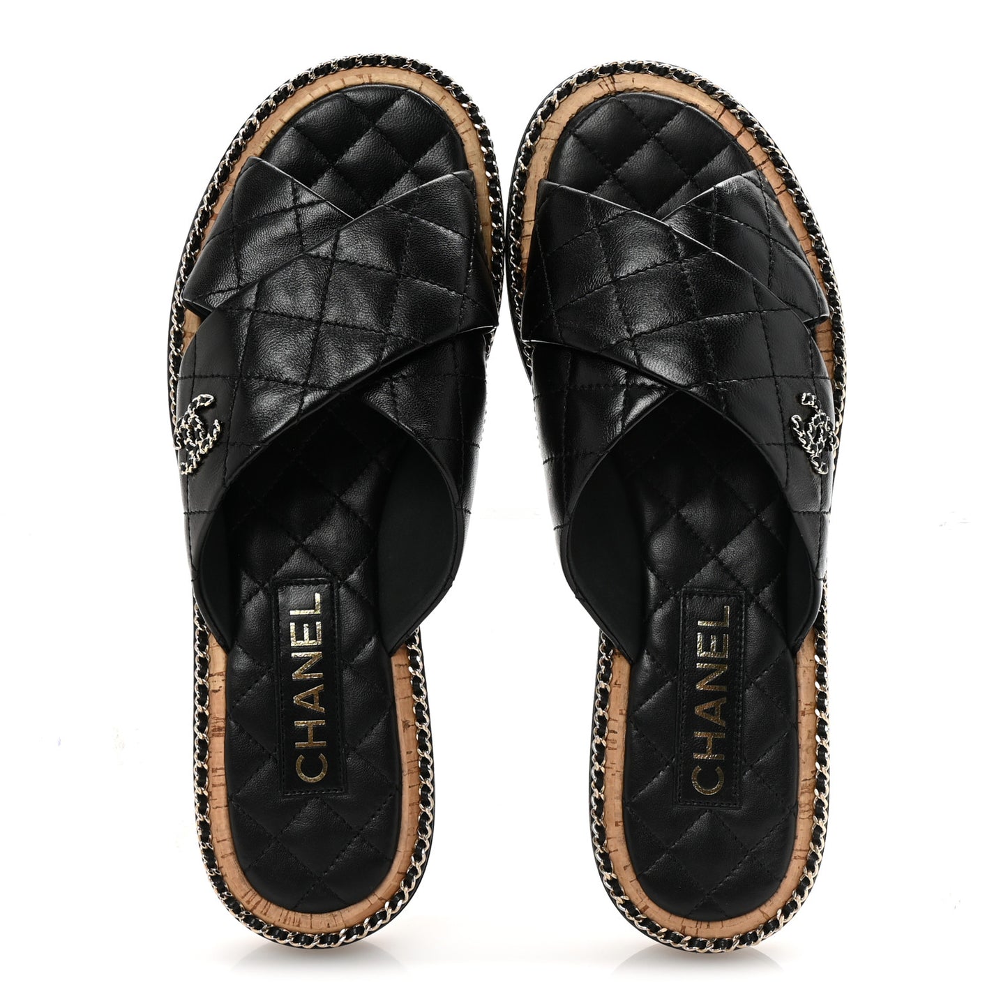 Lambskin Quilted Chain CC Sandals 40 Black