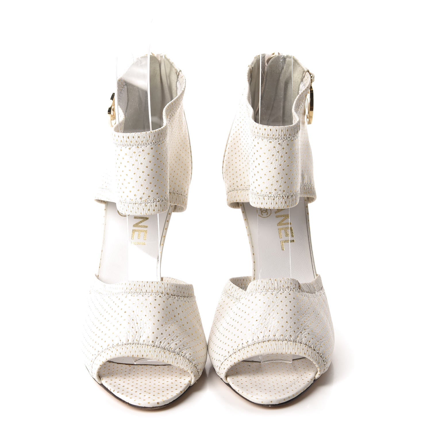 Chanel Calfskin Polka Dot Peep Toe Cut Out Pumps 37 White 2 of 14