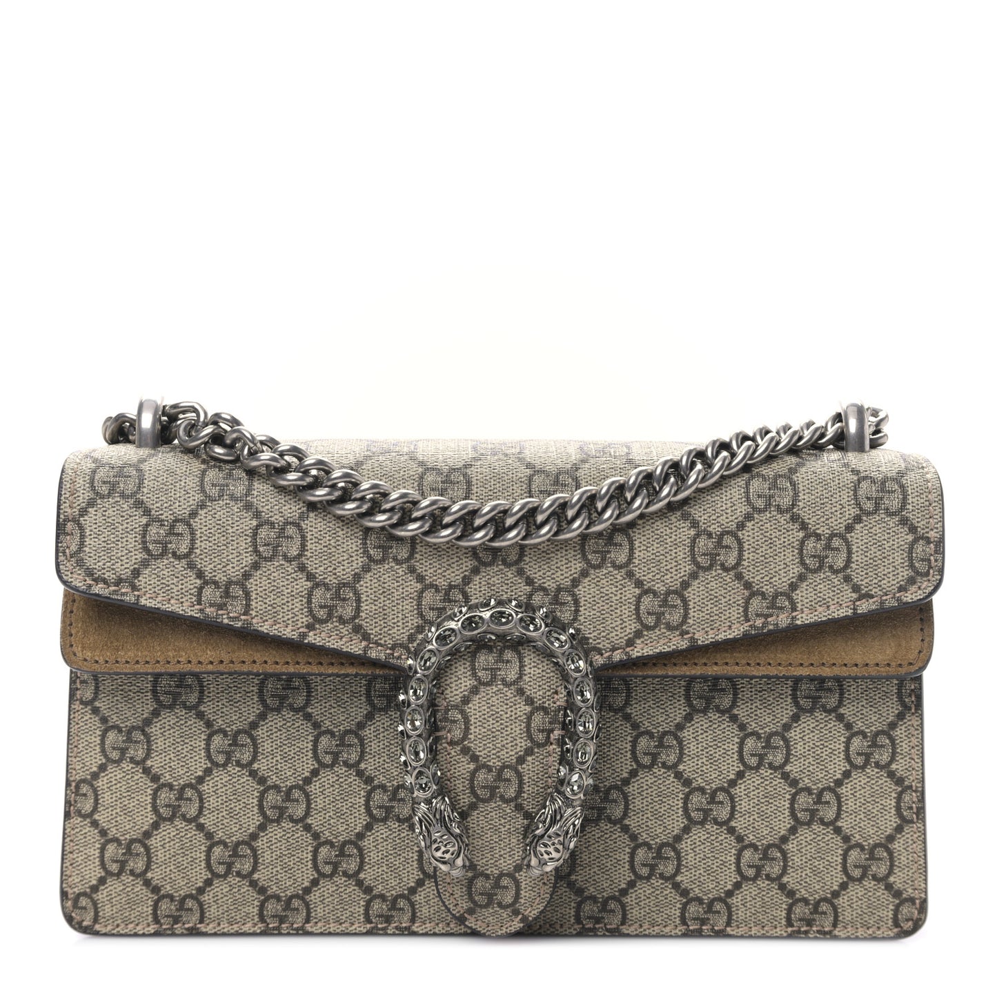 GG Supreme Monogram Suede Crystal Small Dionysus Shoulder Bag Beige Ebony Taupe