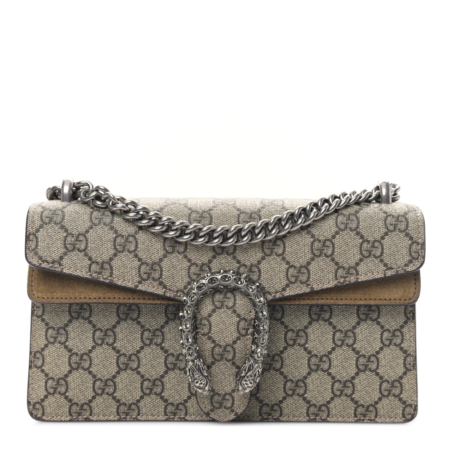 Gucci GG Supreme Monogram Suede Crystal Small Dionysus Shoulder Bag Beige Ebony Taupe 1 of 9