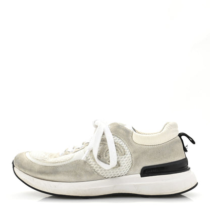 Chanel Calfskin Mesh Lycra Suede Womens Logo Sneakers 36.5 White 1 of 9