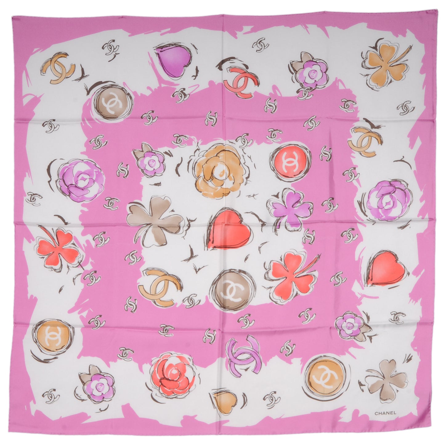 Silk CC Camellia Clover Heart Scarf Pink