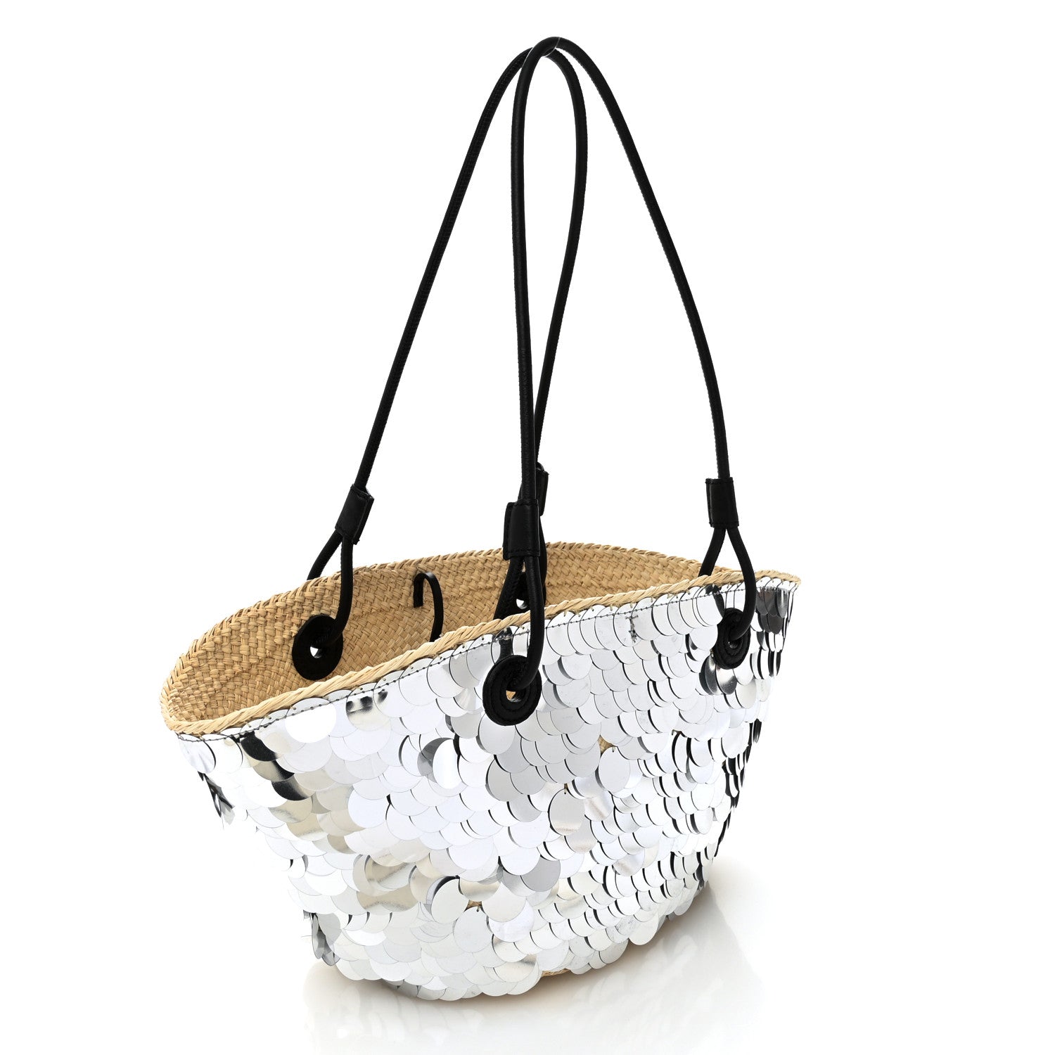 Loewe Sequin Raffia Paulas Ibiza Small Anagram Basket Tote Bag Silver Natural 2 of 10