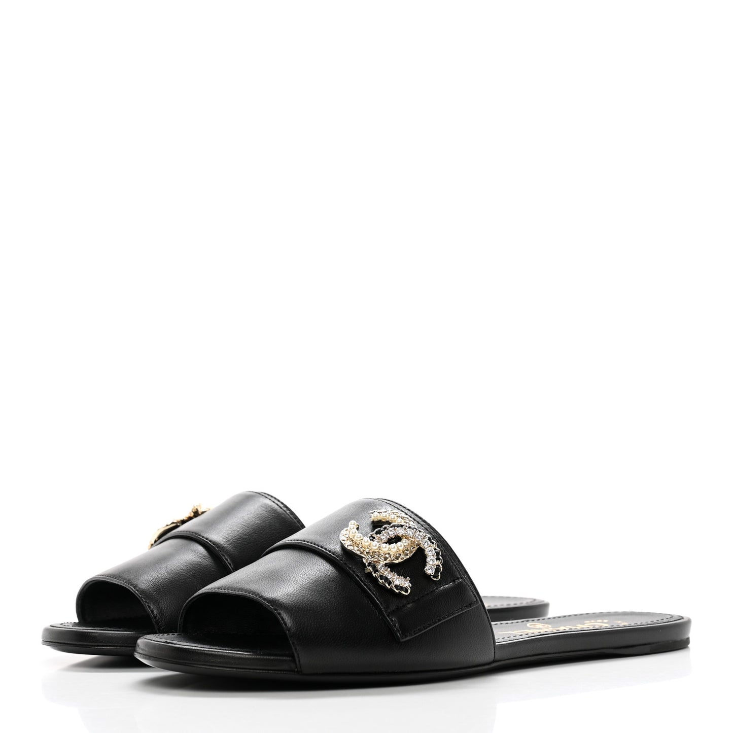 Lambskin Pearl Crystal CC Mules Sandals 37 Black