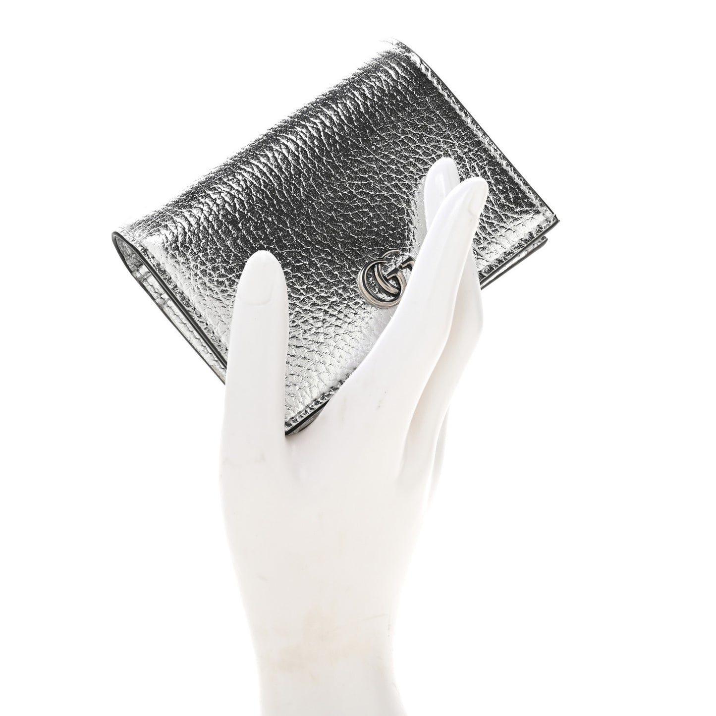 Metallic Calfskin GG Marmont Card Case Silver