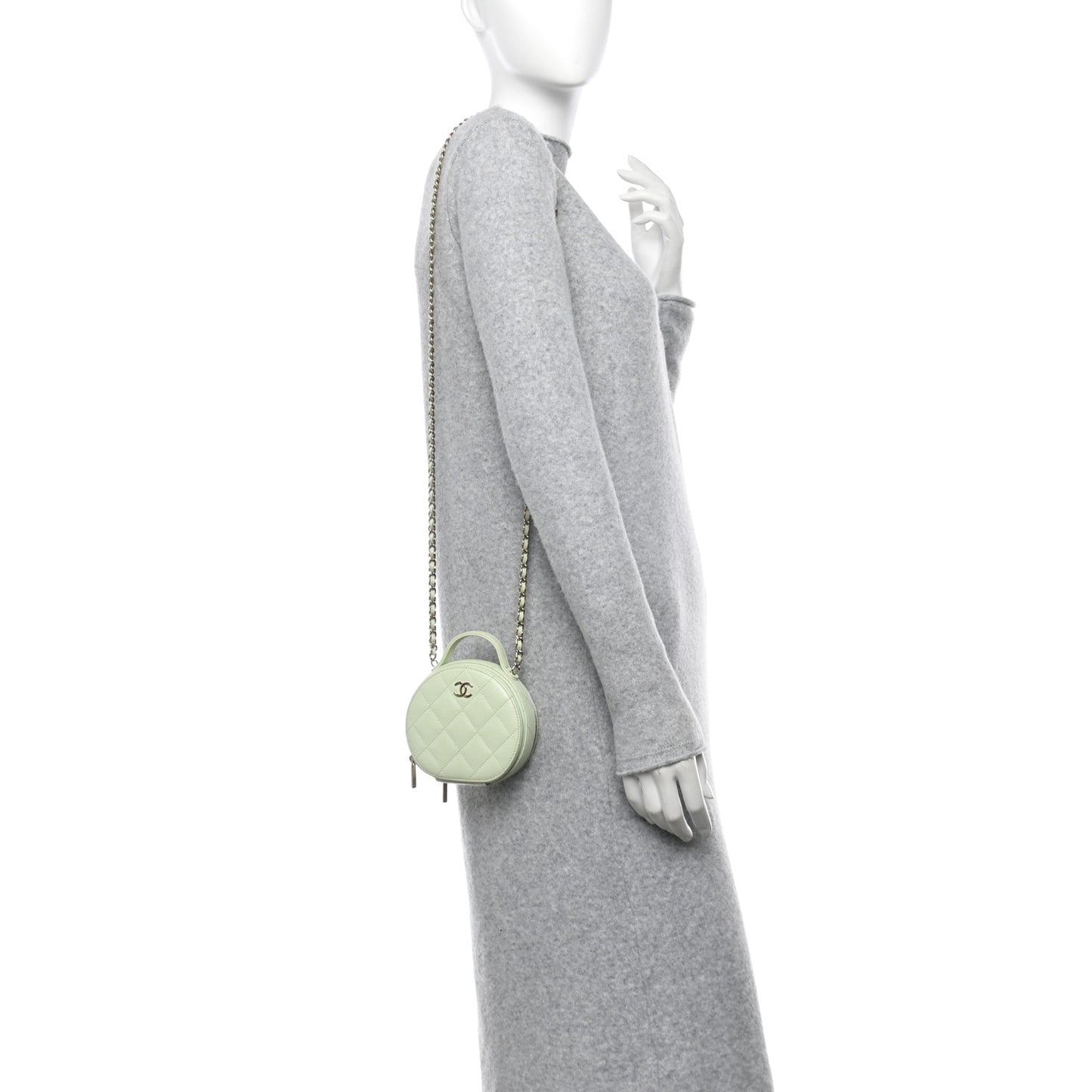 Caviar Quilted Round Handle With Care Vanity With Chain Light Green