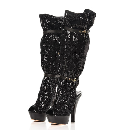 Louis Vuitton Sequin Peep Toe Tall Boots 38.5 Black 2 of 9