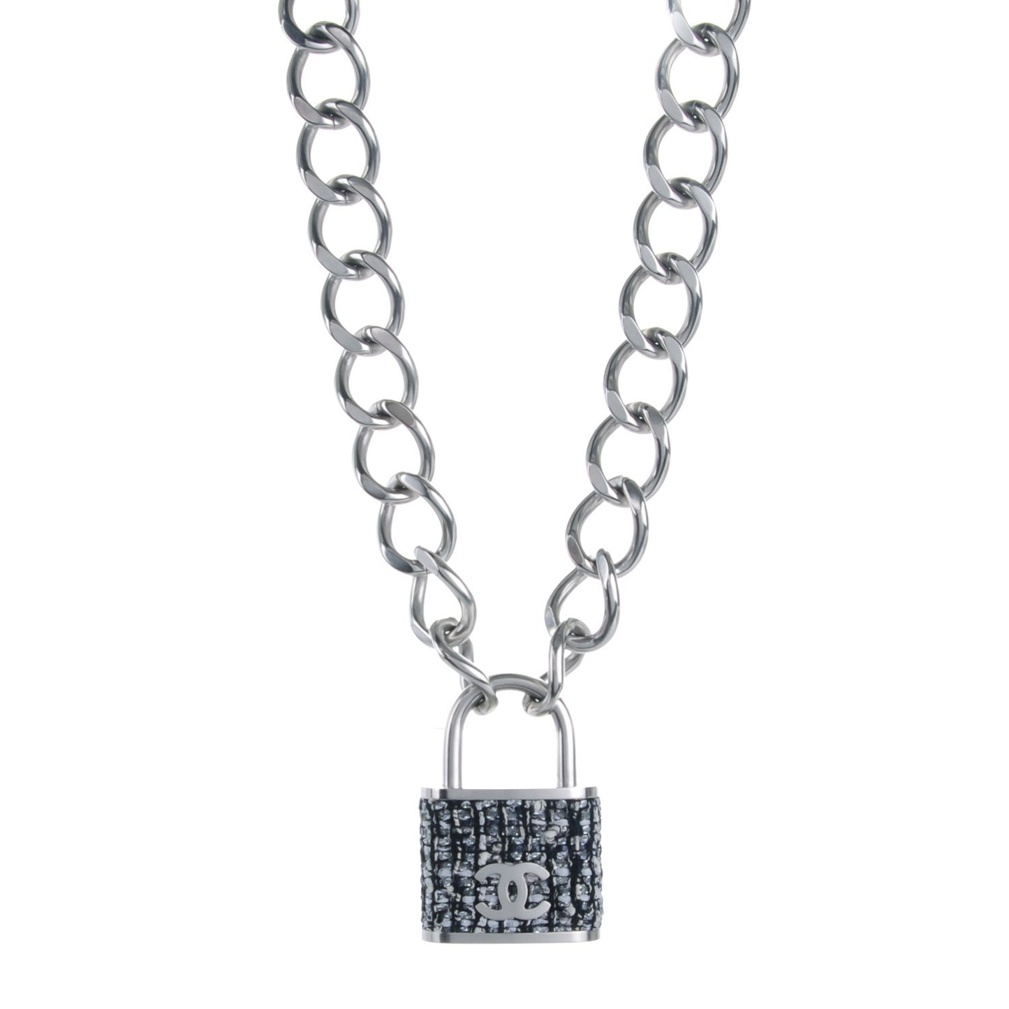 Tweed CC Oversized Padlock Chain Necklace Black Silver