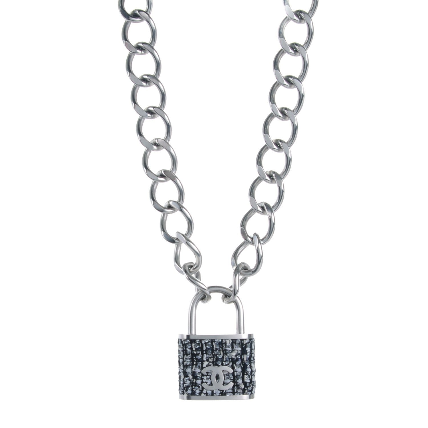 Chanel Tweed CC Oversized Padlock Chain Necklace Black Silver 1 of 4