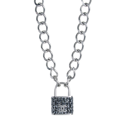 Chanel Tweed CC Oversized Padlock Chain Necklace Black Silver 1 of 4