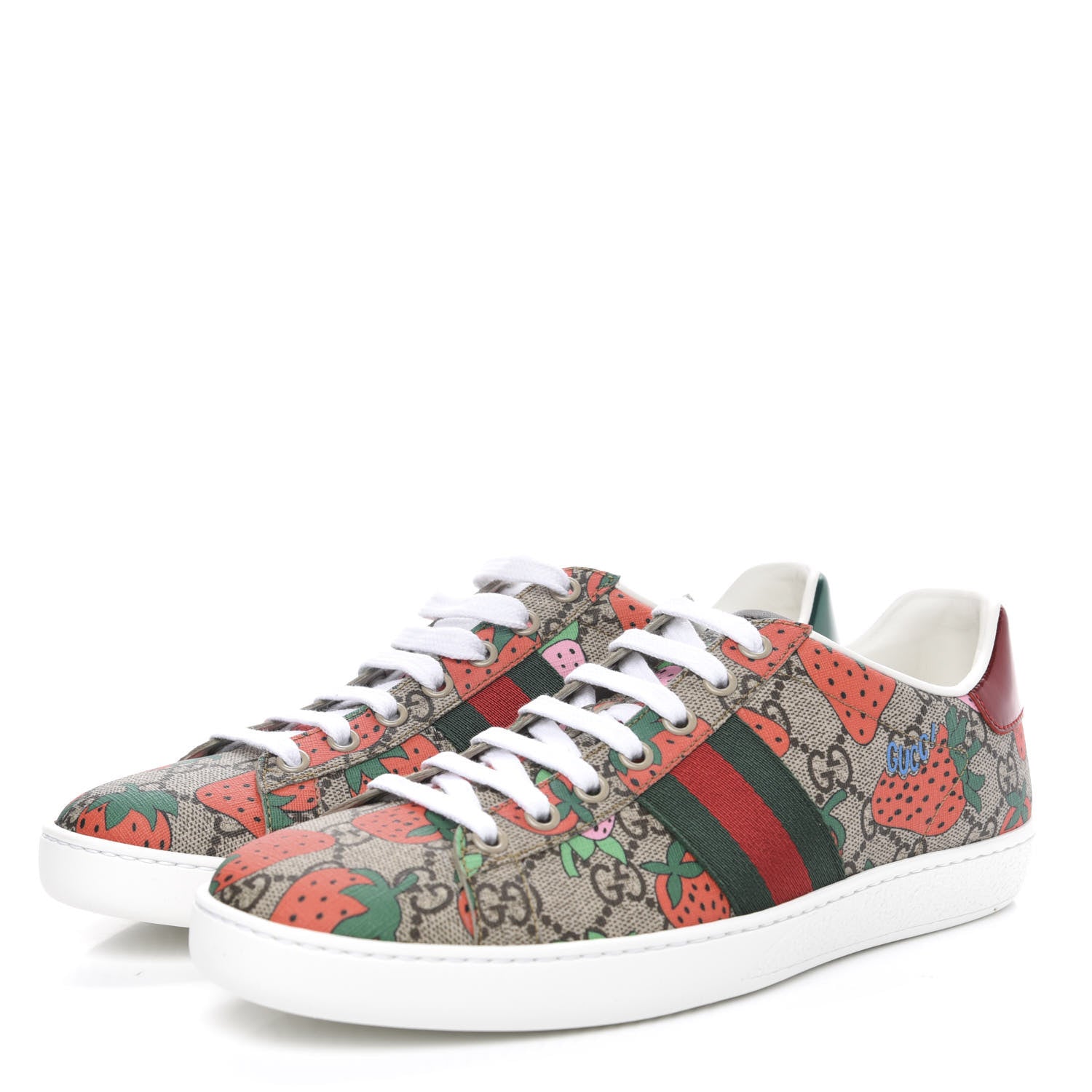 Gucci GG Supreme Monogram Strawberry Web Womens Ace Sneakers 39 Beige Multicolor Red Green 3 of 9