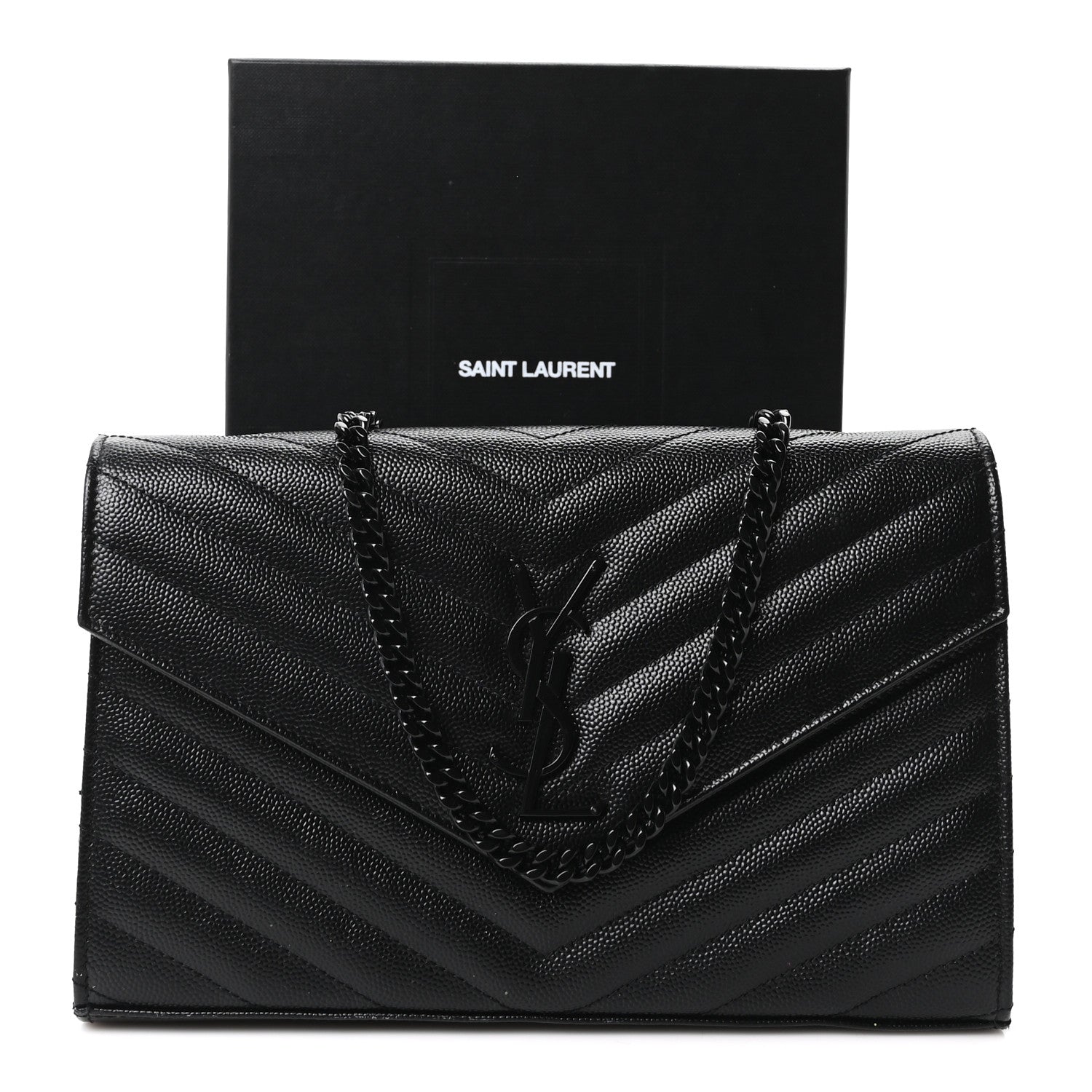 Saint Laurent Grain De Poudre Matelasse Chevron Monogram Monochrome Chain Wallet Black 11 of 11