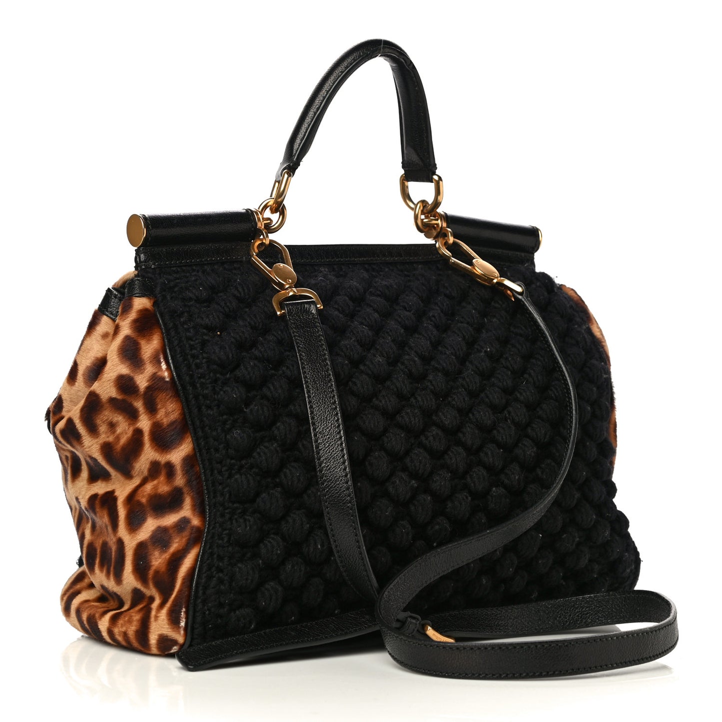 Calf Hair Leopard Print Knit Miss Sicily Satchel Black Naturale