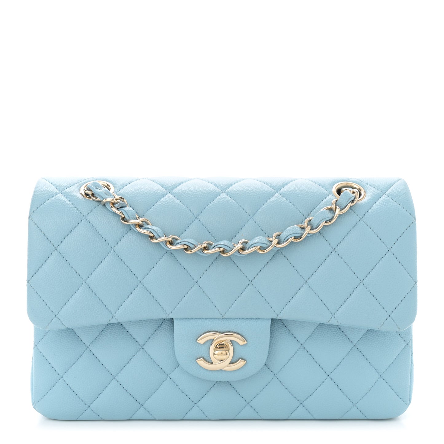 Caviar Quilted Small Double Flap Light Blue